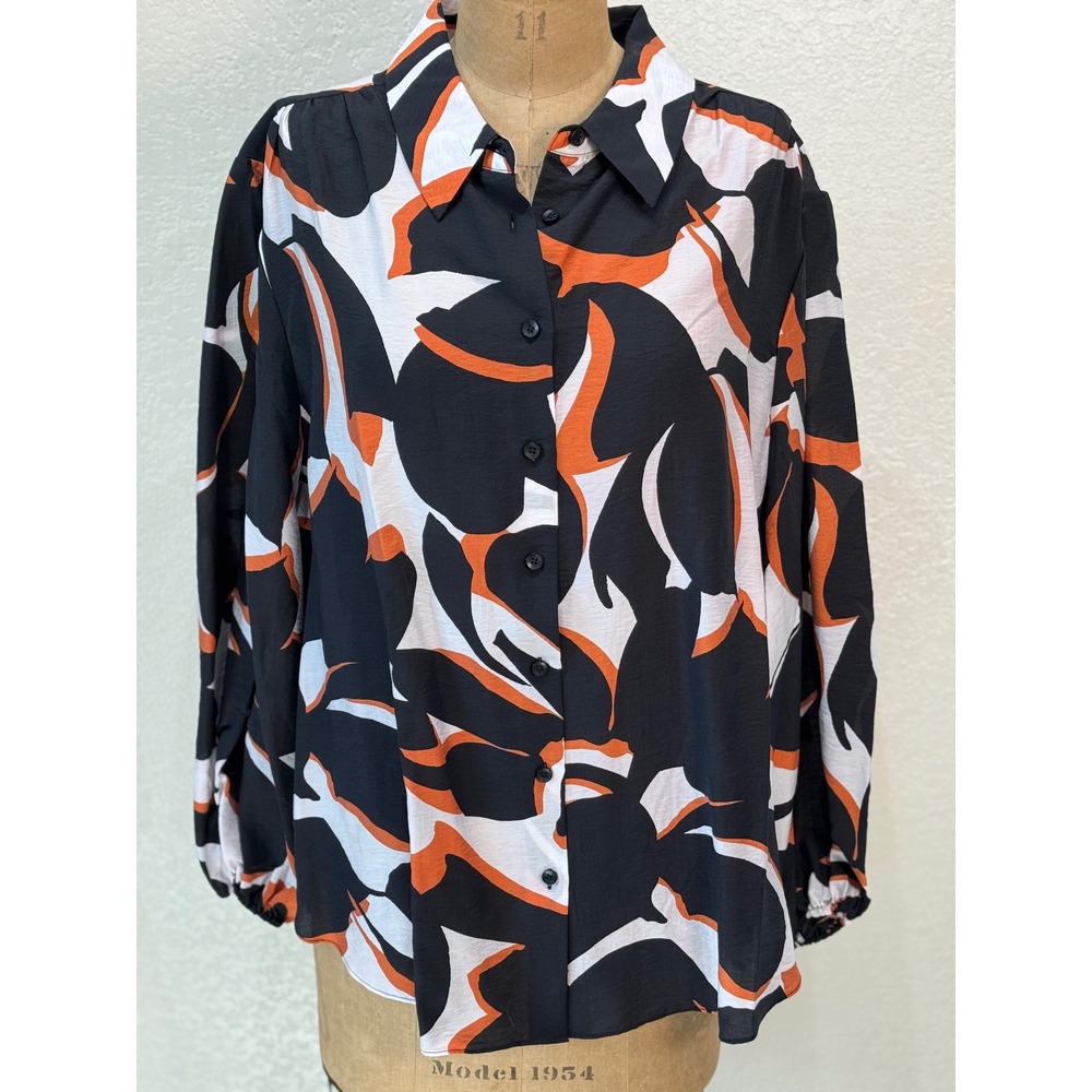 Chicos Size 18 Black Orange White Abstract Silky Long Sleeve‎ Button Up Top NWT